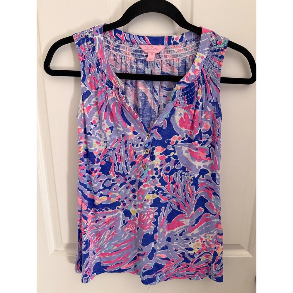 Lilly Pulitzer Sleeveless Smocked Cotton Top Blue Pink Coral XS